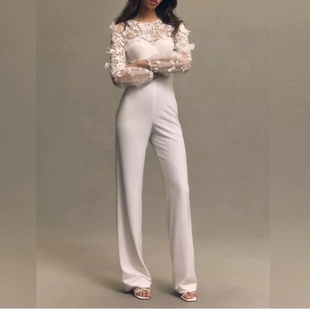 Dress the Population Mila Long Sleeve White Lace Jumpsuit 3d flowers - Picture 4 of 14